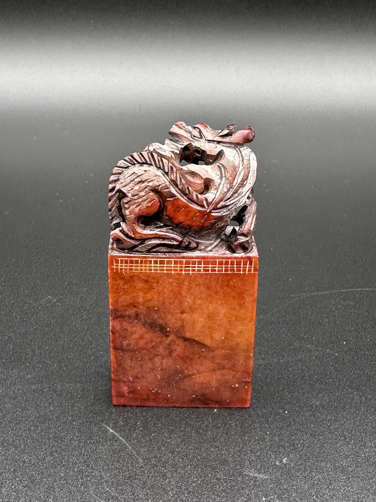 Carved Oriental Chinese Soapstone Stamp Dragon Figurine Seal Ink Kit with Box