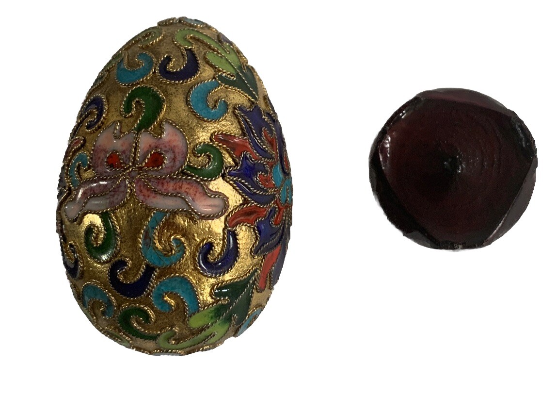 Chinese Enamel Egg Cloisonne Gold Metal Mix Color Floral Wood Stand Easter Decor