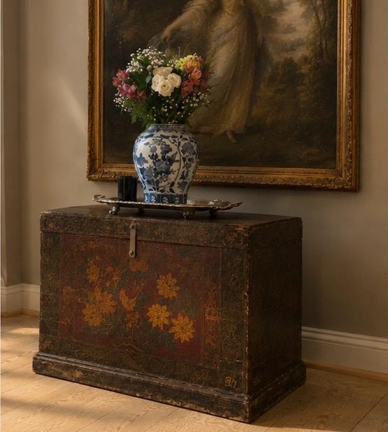 Antique Qing Chinese Wedding Chest, Tea Table, Chinese Zodiac Chinoserie Chest