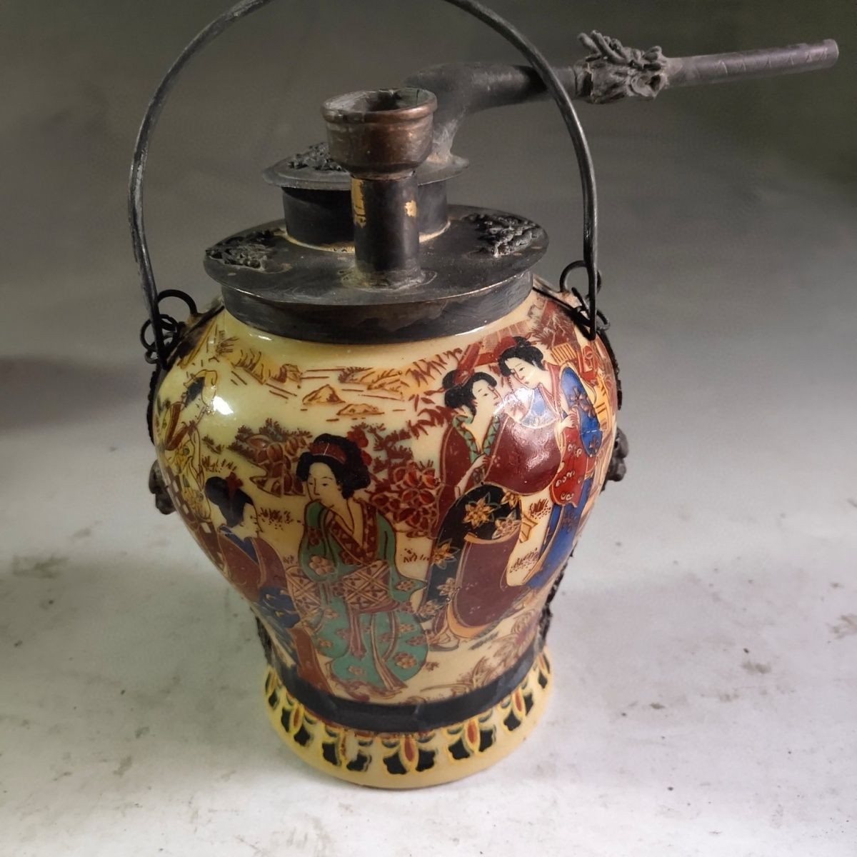 Antique Chinese Pure Copper Ceramic Hookah Hand Painted Figure Collectible
