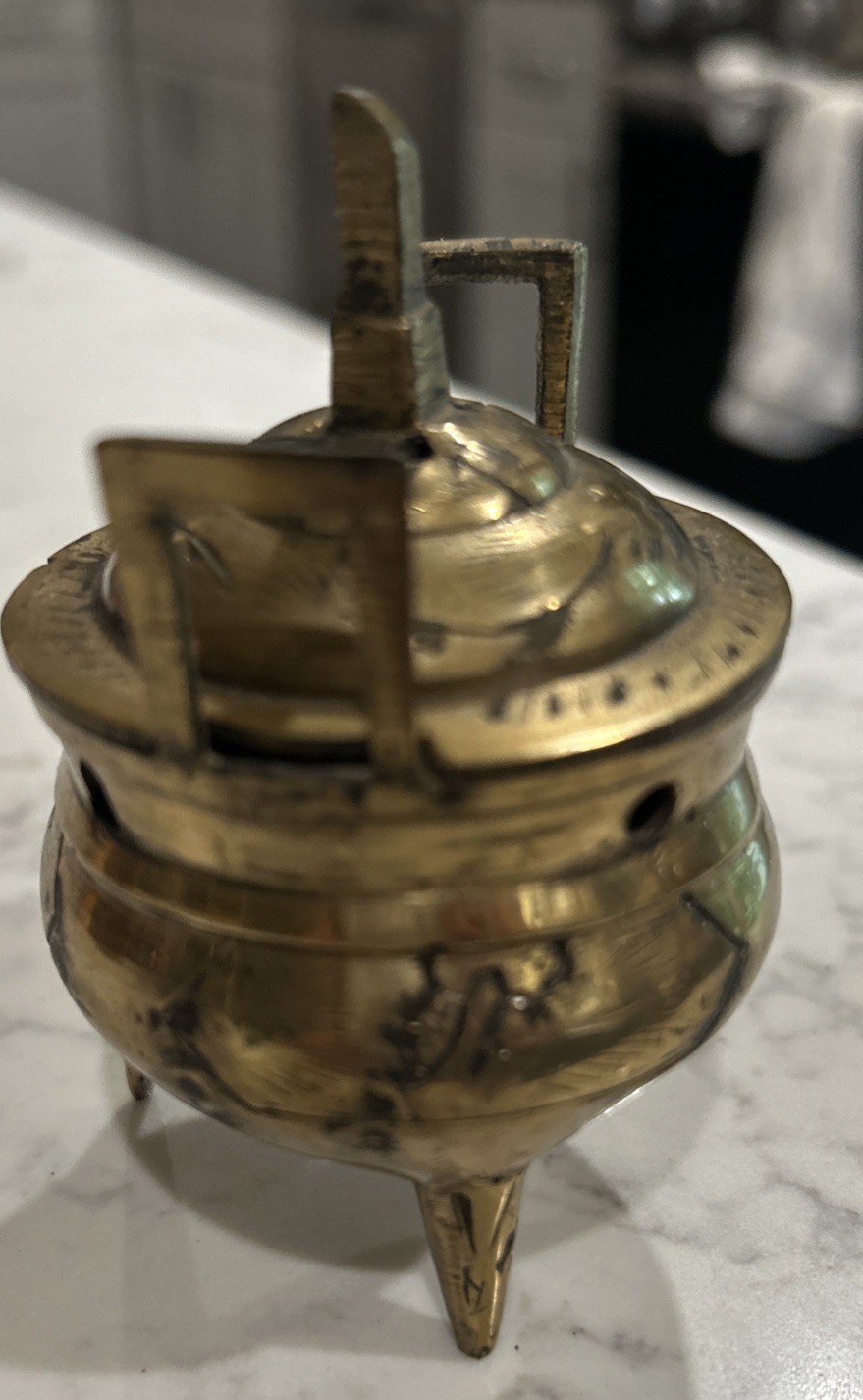 Old Vintage Marked 3″ Chinese Brass Footed Incense Burner Tri Footed Marked