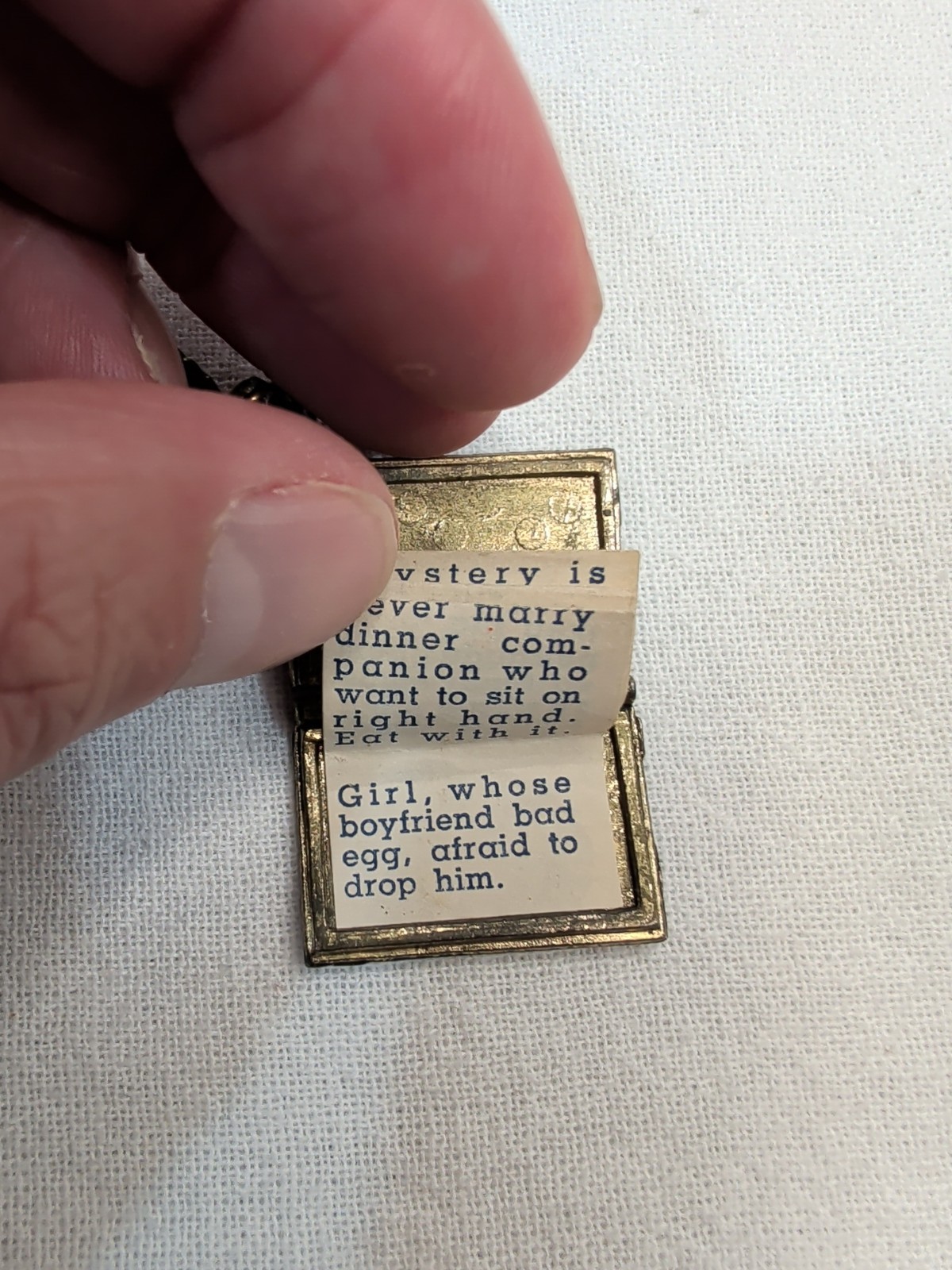 Vintage Confucius Book Charm Hanging Locket Brooch Pin Antiqued Brass-Tone Metal