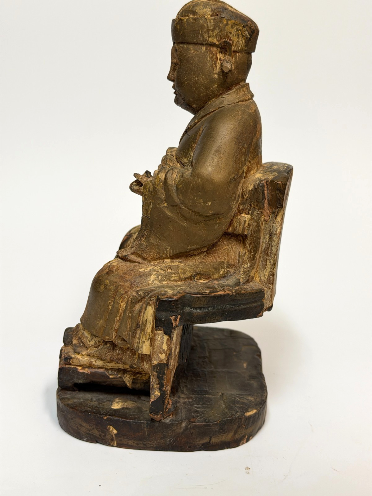 17/18C Chinese Gilt Wooden Folk Carving Seated Deity 8.5″ tall