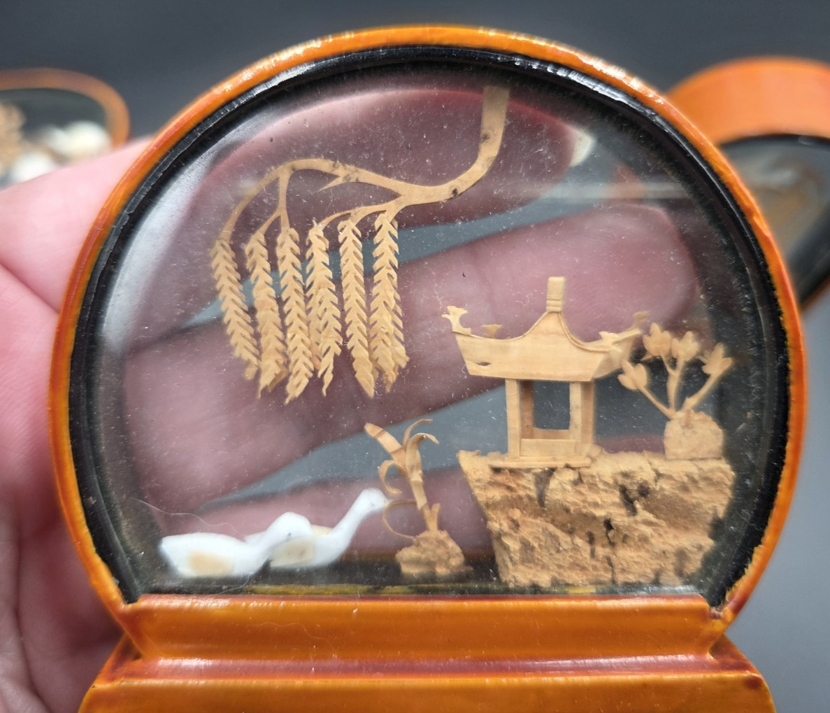 Vintage Asian Carved Cork Diorama Art In Wood/Glass Shadow Boxes 5 pieces