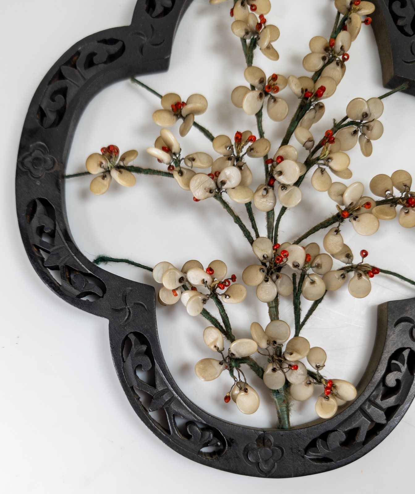 Vintage Chinese Faux Jade Peking Glass Prunus Flower Wall Hanging