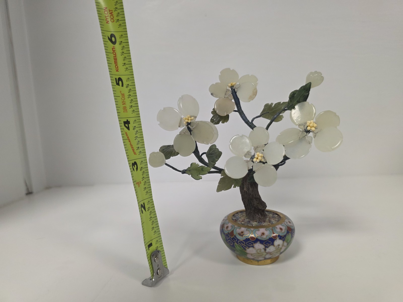Asian Bonsai Tree Blossom Cloisonne Floral Pot White And Green Stone Jade?