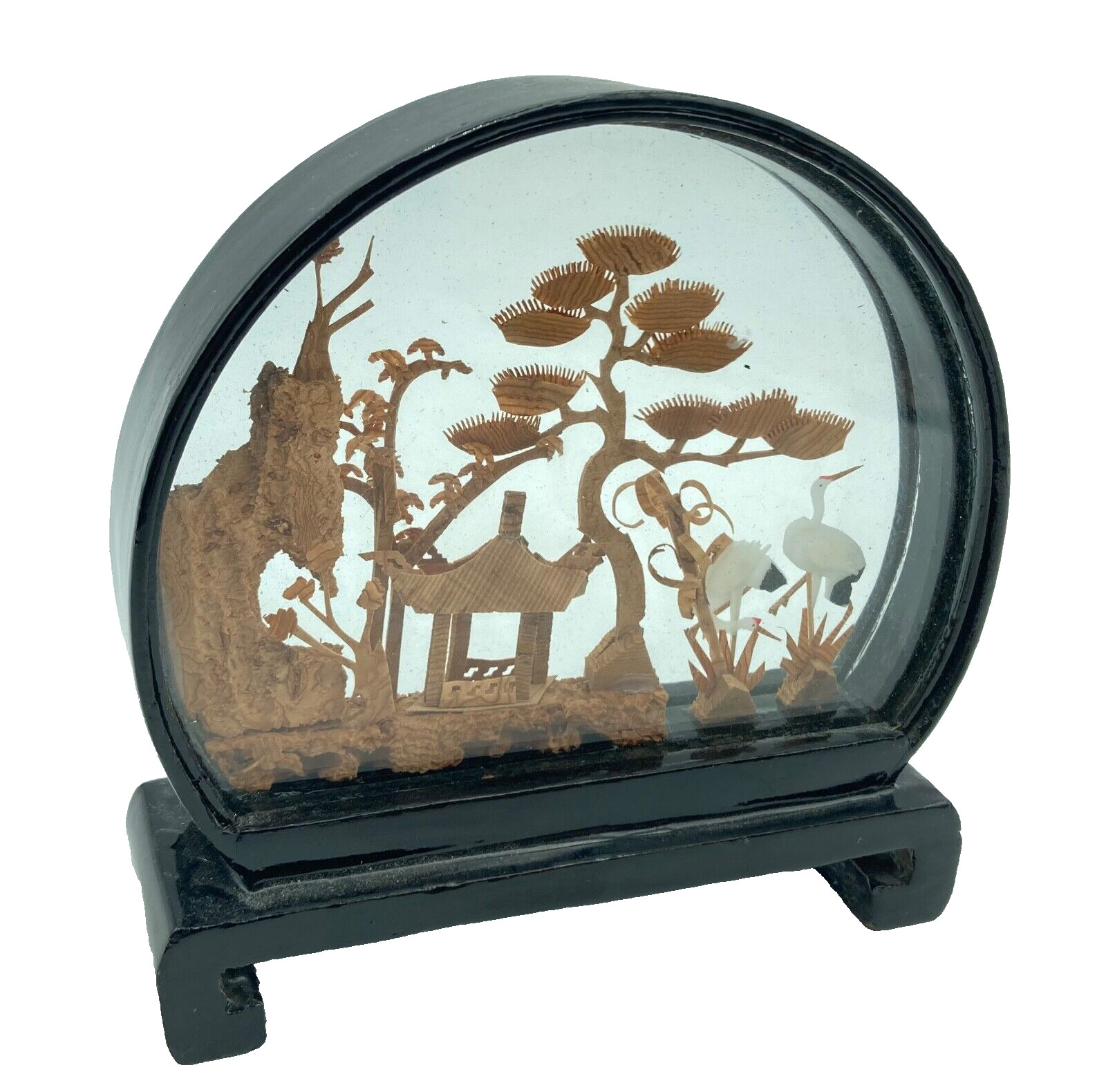 Carved Cork Diorama Vintage Hand Made Art Pagoda Cranes Trees 4″ Tall