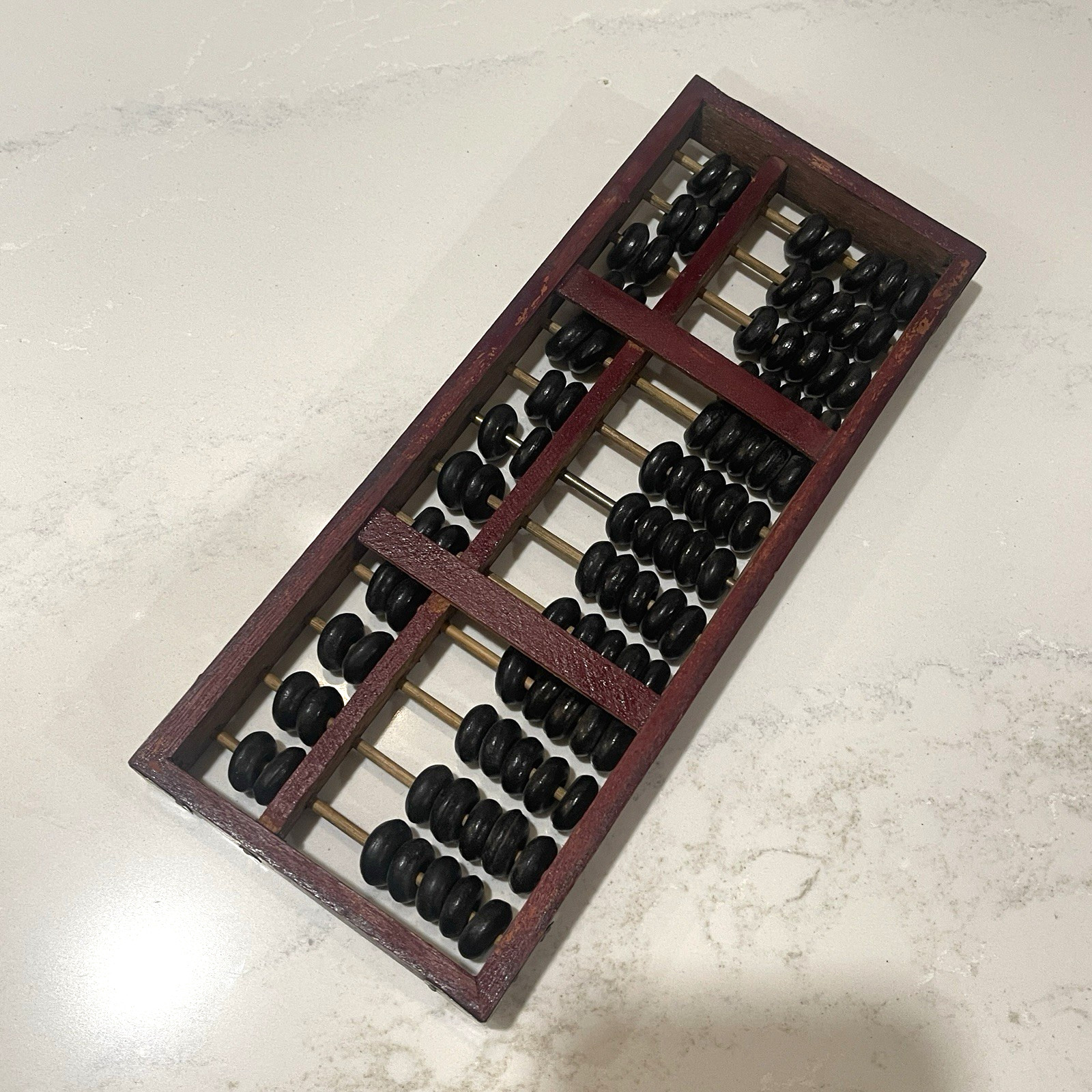 Vintage Abacus Brass Corners Chinese style Calculator Dark Wood 11 x 4.5 inch