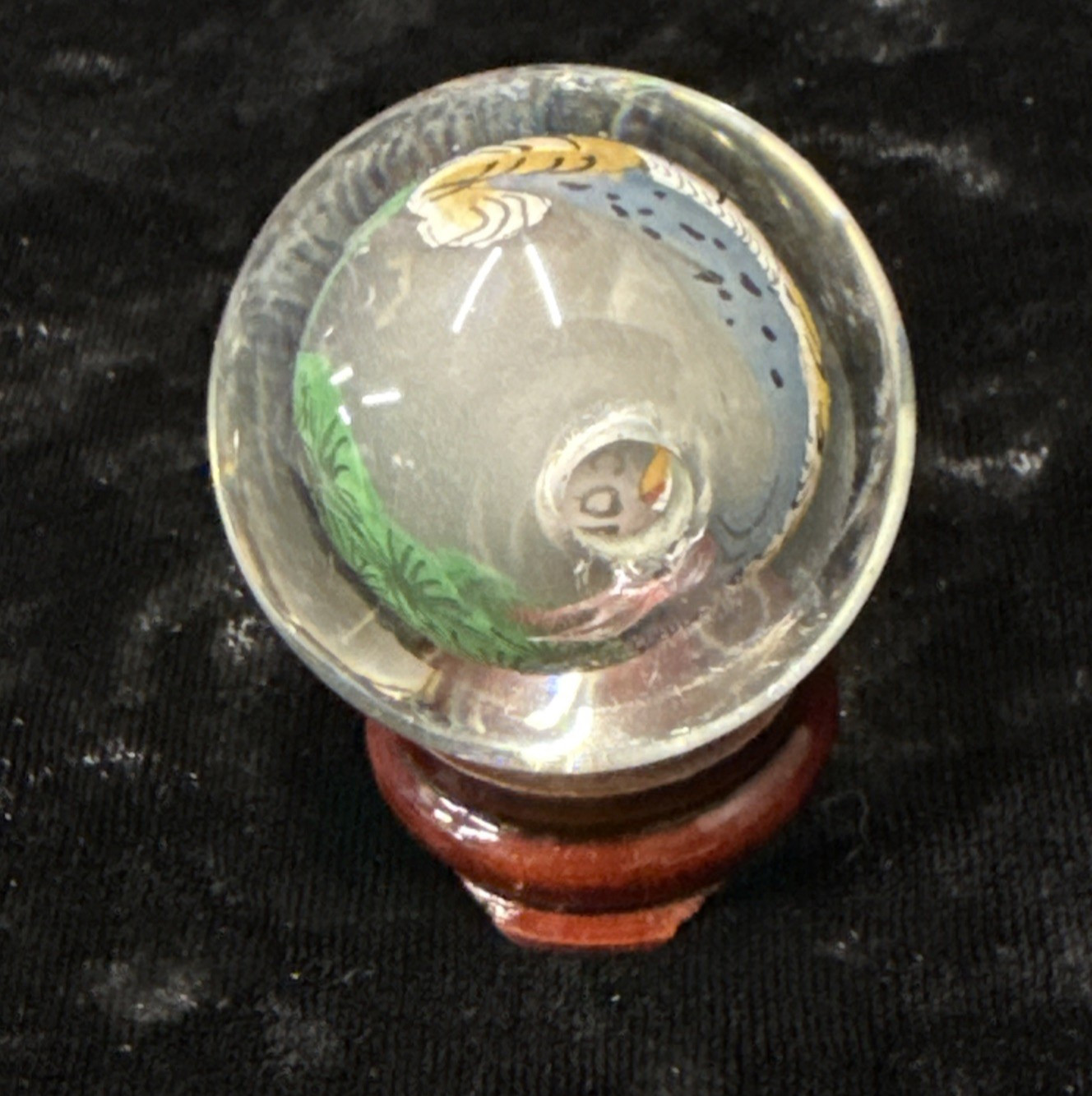 Chinese reverse painted Glass Ball Sphere Orb Tiger w/Stand 1 3/4″ x 1 1/2″