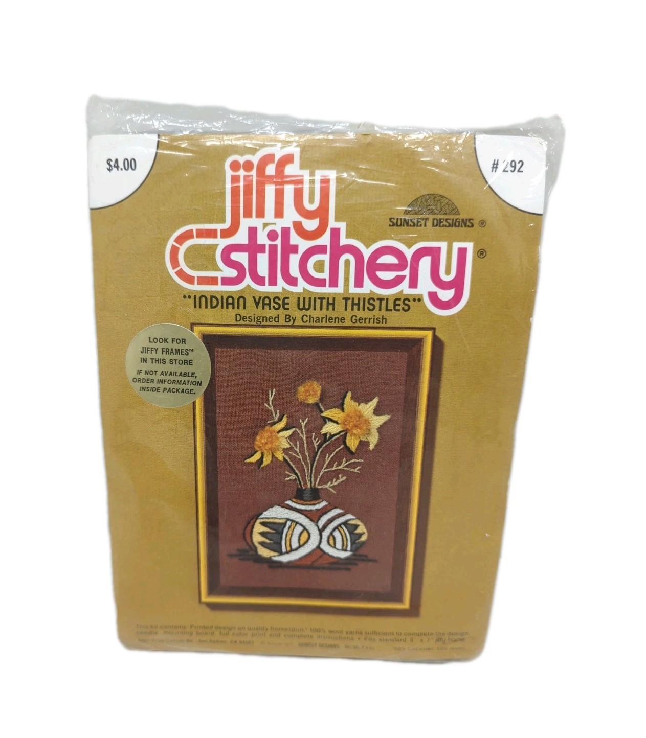 Jiffy Stitchery Kit Indian Vase With Thistles #292 SEALED 1976 Wool Yarn 5×7