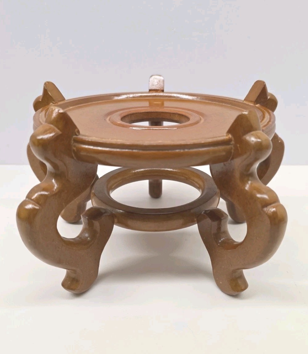 Carved Wood Plant Stand Display Honey Brown Vase Fish Bowl Oriental 9.5″
