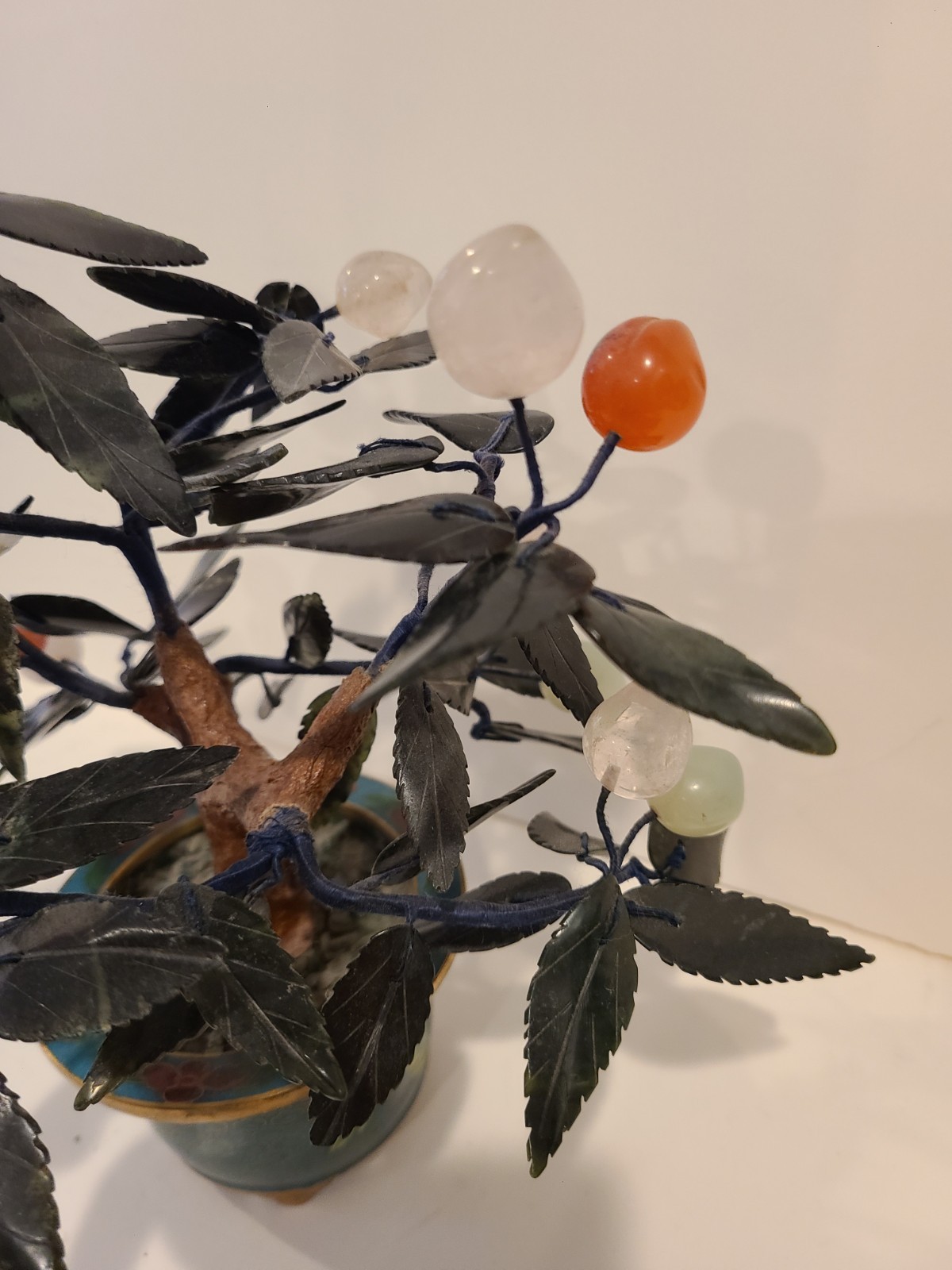 Jade Stone Bonsai Tree Cloisonne Pot Jade Quartz Peaches Cherries