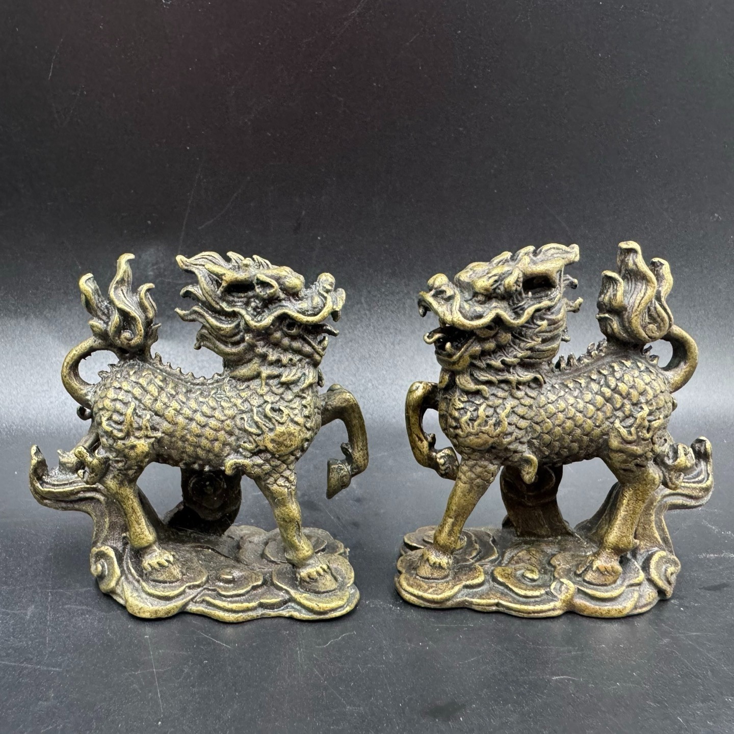 Vintage Brass Qilin Kirin Mini Statues Feng Shui Wealth Protection Desk Ornament