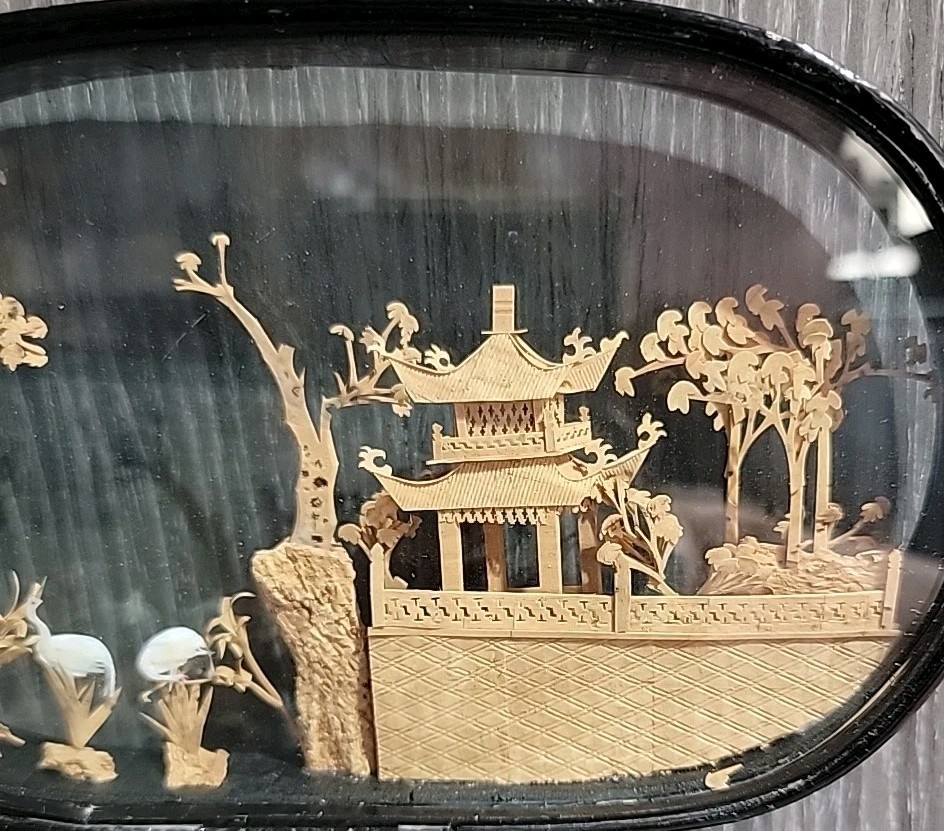 Vintage Chinese Diorama Cork Carving Glass Case Pagoda/Trees/Cranes 8″x6.5″x2″