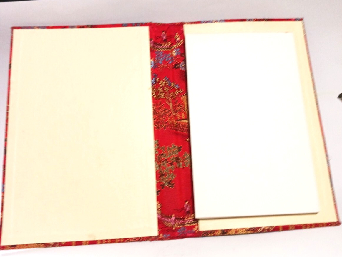 Note Pad Chinese Red Fabric Brocade Print of Woman Dancing Front Cover Vintage