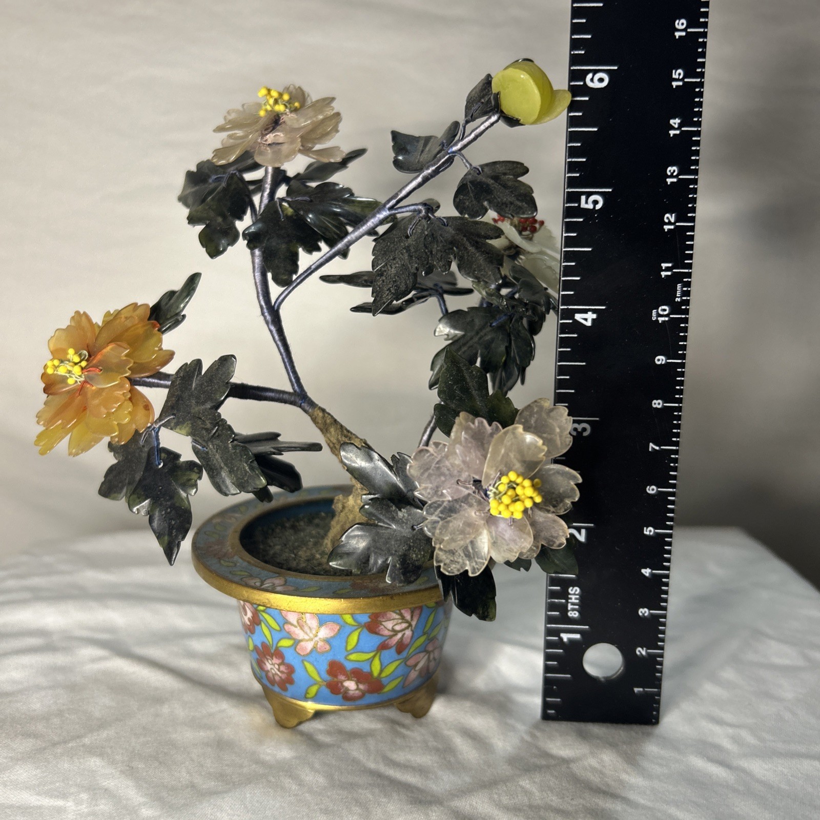 Vintage Chinese Jade Bonsai Tree Sculpture in Cloisonné Enamel Pot Iris Apfel