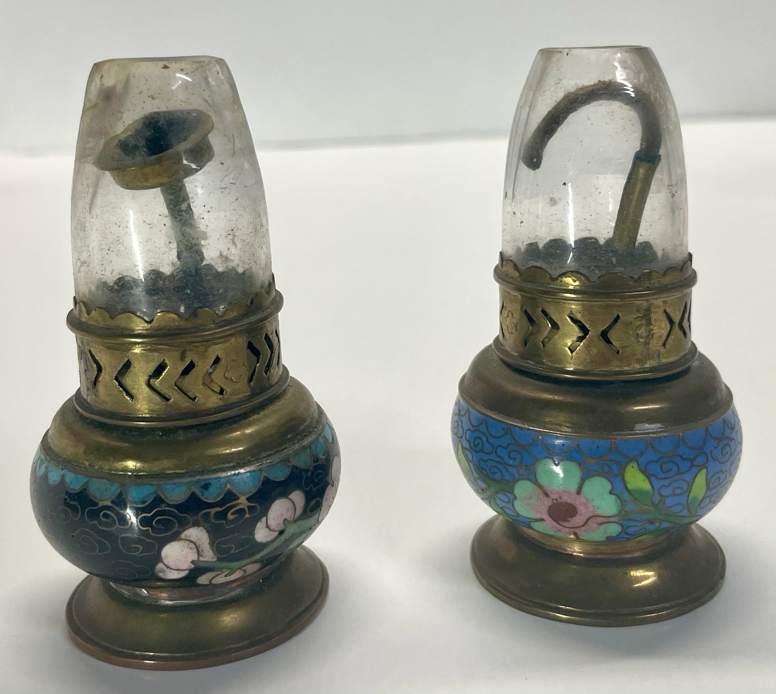 Vintage Cloisonne Enamel Mini Oil Lamp Pair Hong Kong Brass Glass Chimneys