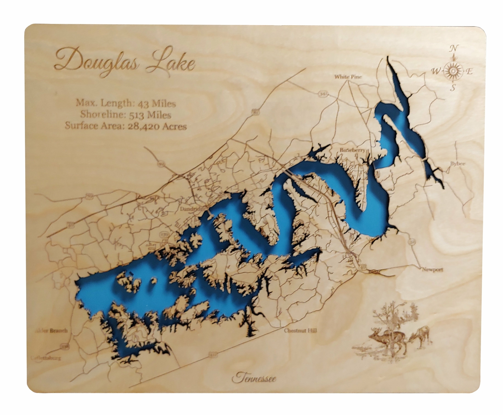 Douglas Lake, TN – Laser Cut Wood Map | Wall Art | Made to Order