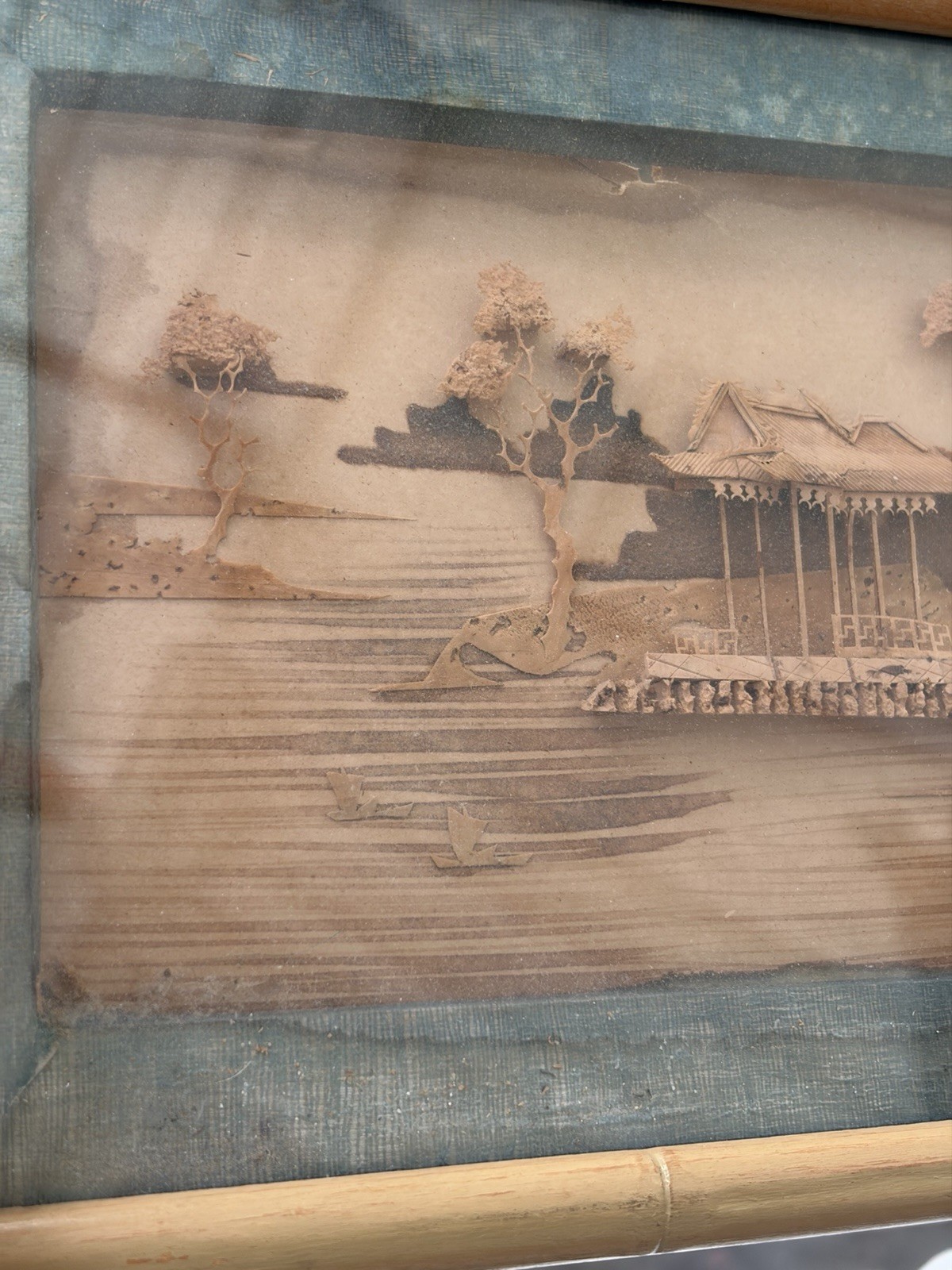 Vintage Framed Asian Cork Diorama Shadow Box Wall Art. Marked China