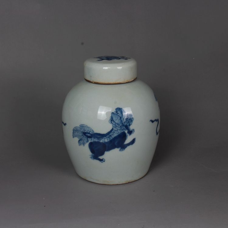 4.7″ Chinese Folk Kiln Blue and White Porcelain Foo Fu Dog Lion Tea-leaves Jar