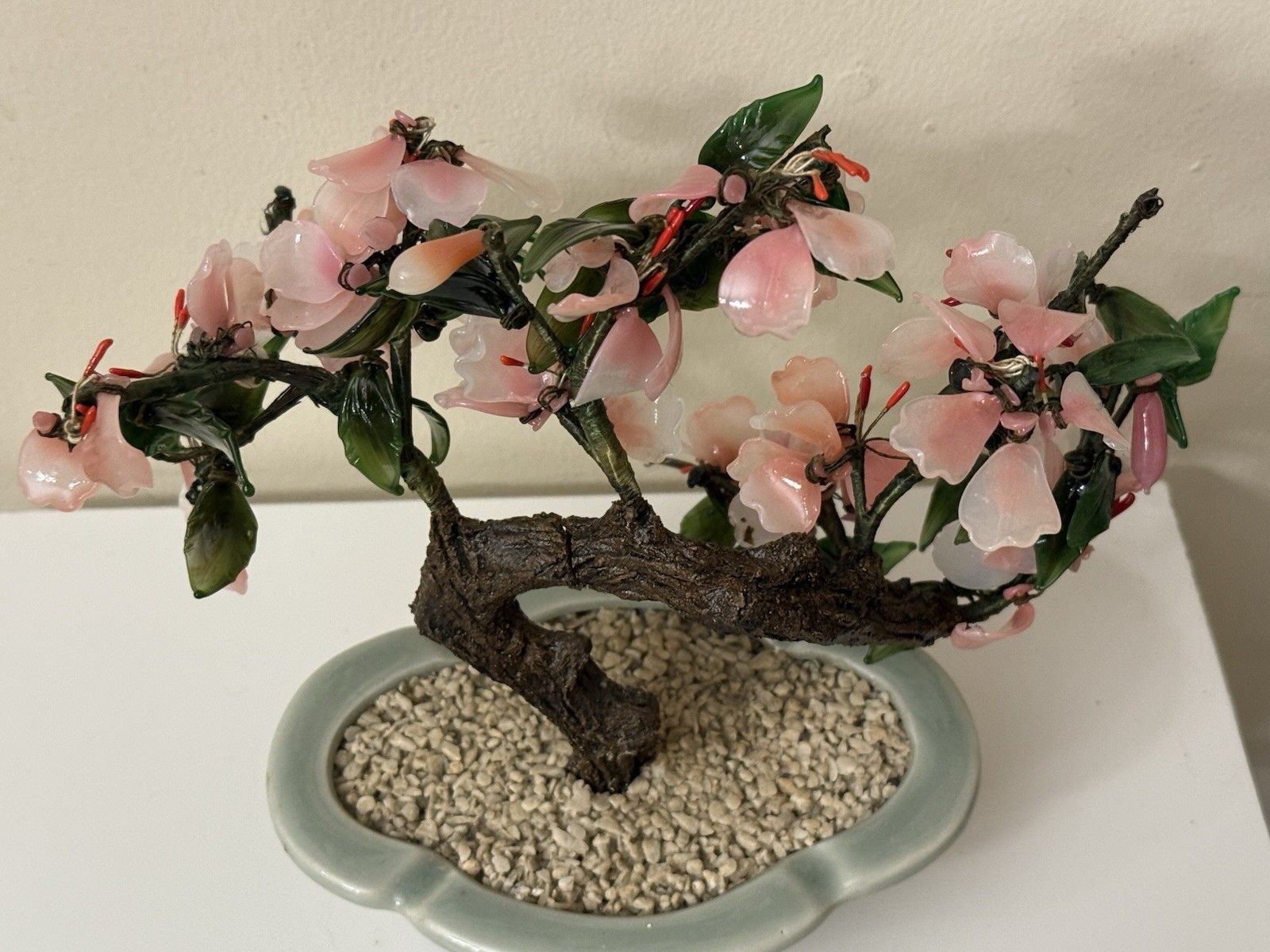 Vtg Asian Jade Glass Flowering Pink Cherry Blossom Bonsai Tree Ceramic Pot 8×9”