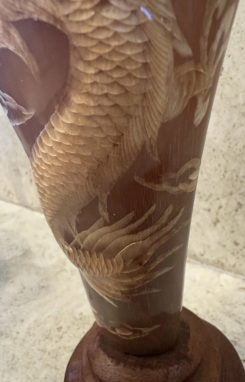 Vintage Thai Carved Horn Vase Dragon Motif Handicraft Wood Base Decor – Textured