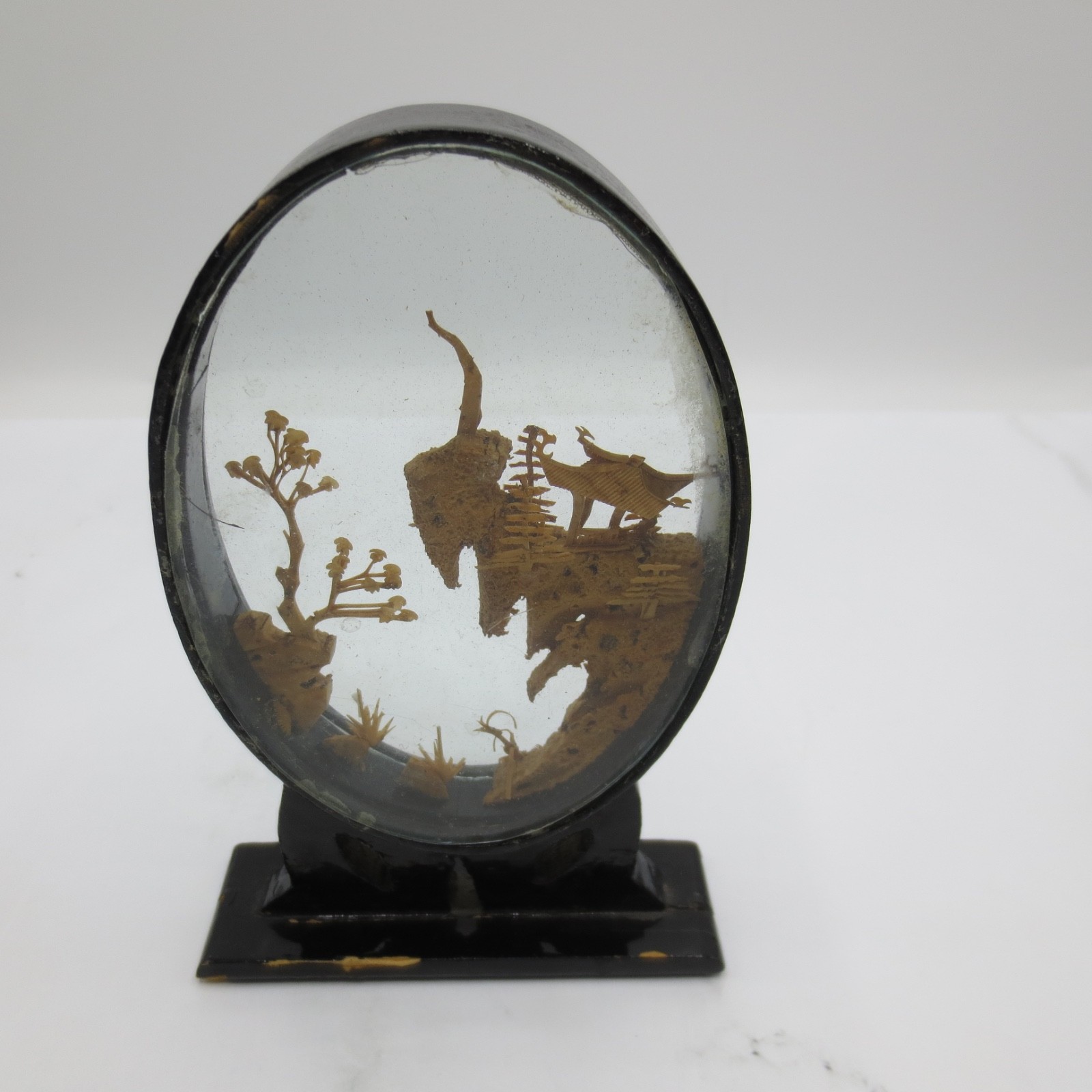 Vintage Oriental Chinese Hand Carved Cork Diorama Pagoda Crane Tree Cliff 6″x4″