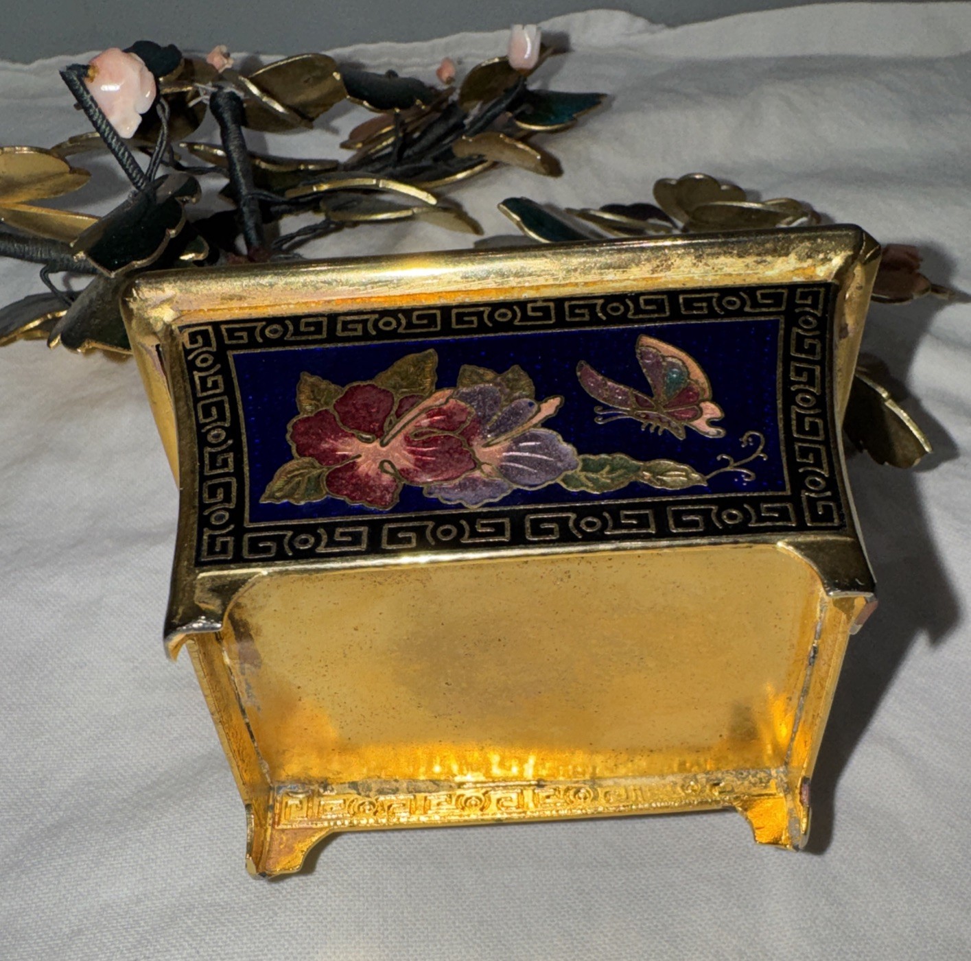 Cloisonne Enamel and Metal Bonsai Tree w/ Pot Colorful Flowers 7.5” Vintage