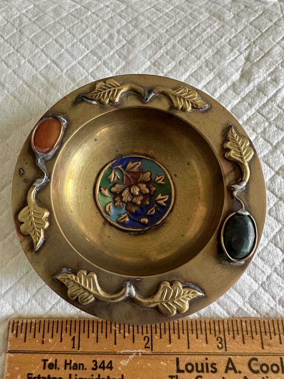 Antique Chinese 3 1/2″ Brass Trinket Dish Ashtray 2 Embedded Jewels Enamel Paint