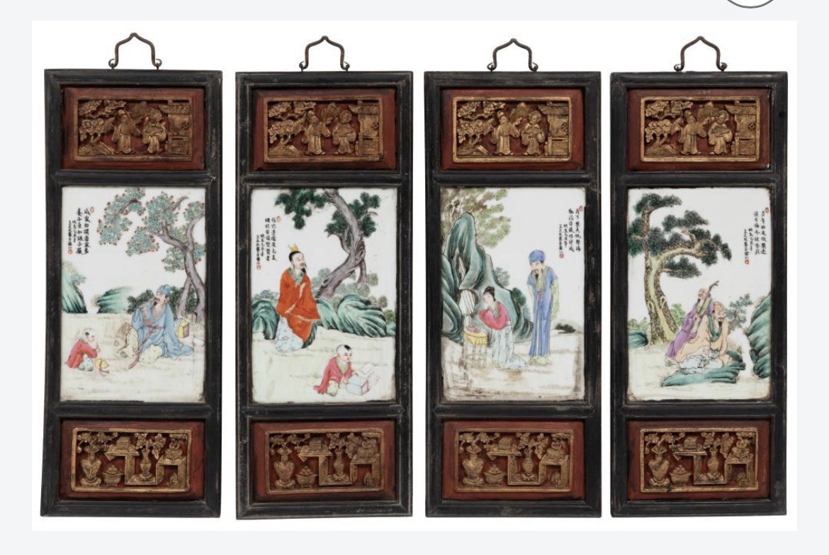 Four Chinese Family Rose Porcelain, Carved And Painted Wood Panel Wall Hangings