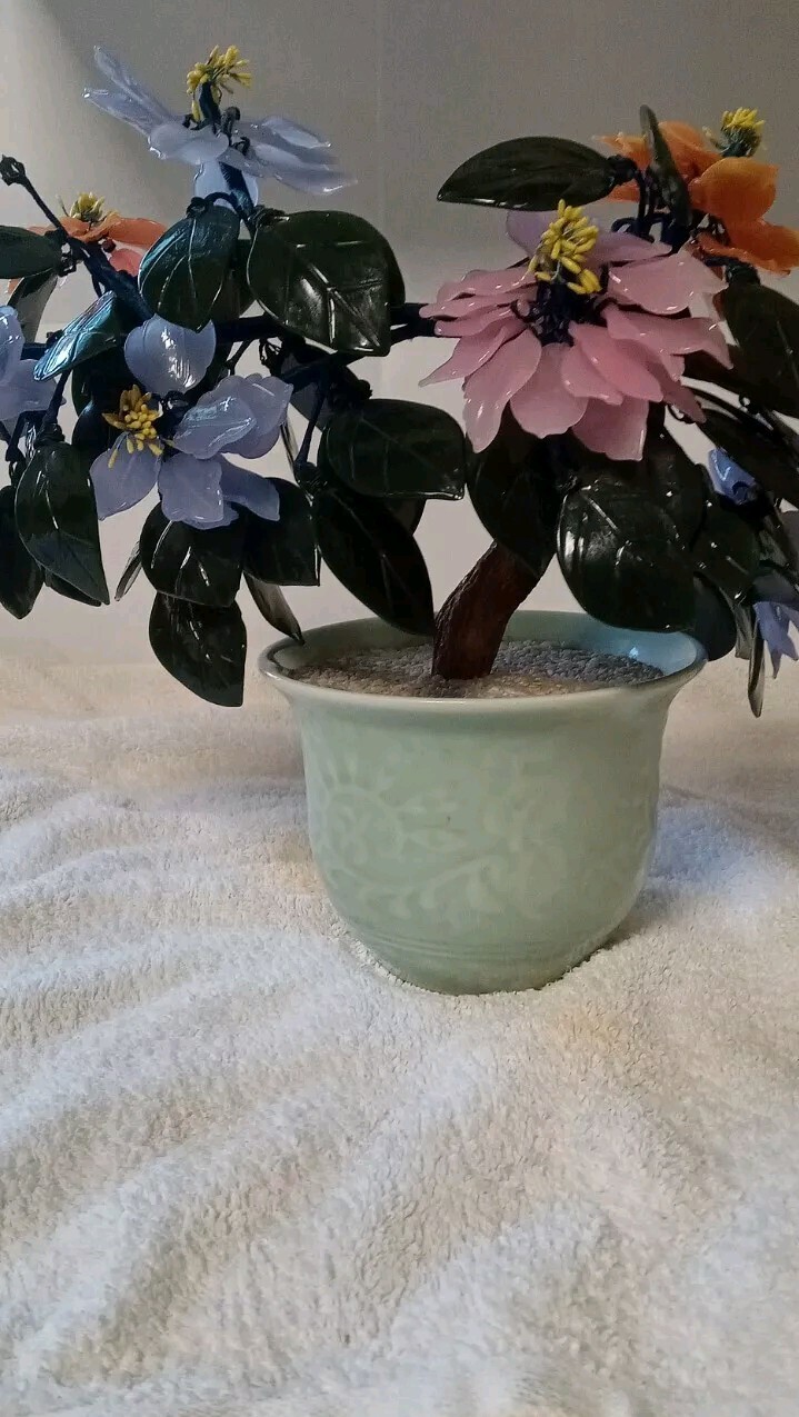 Vintage Jade Glass Flower Arrangement In Vase