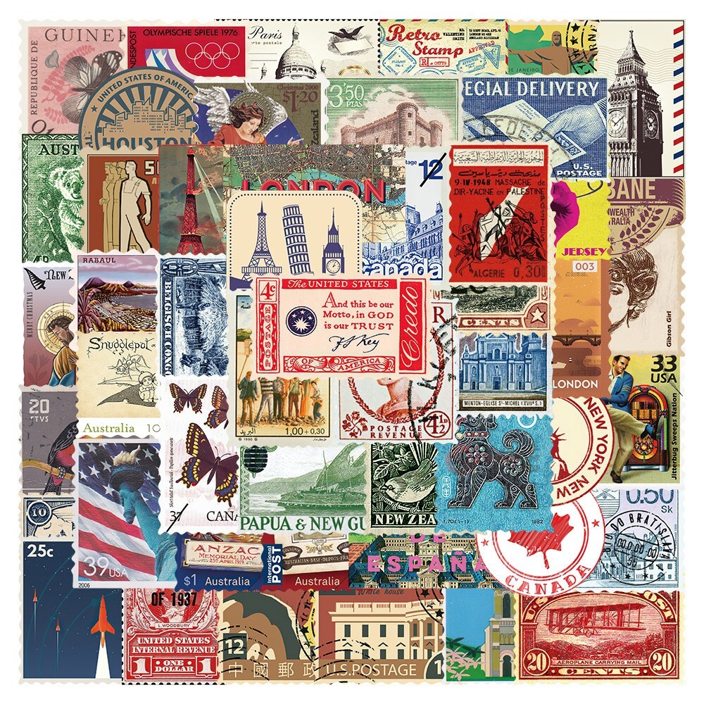 50pcs Vintage Travel Stickers Pack, Retro Stamp, Journal Stickers, Planner,078
