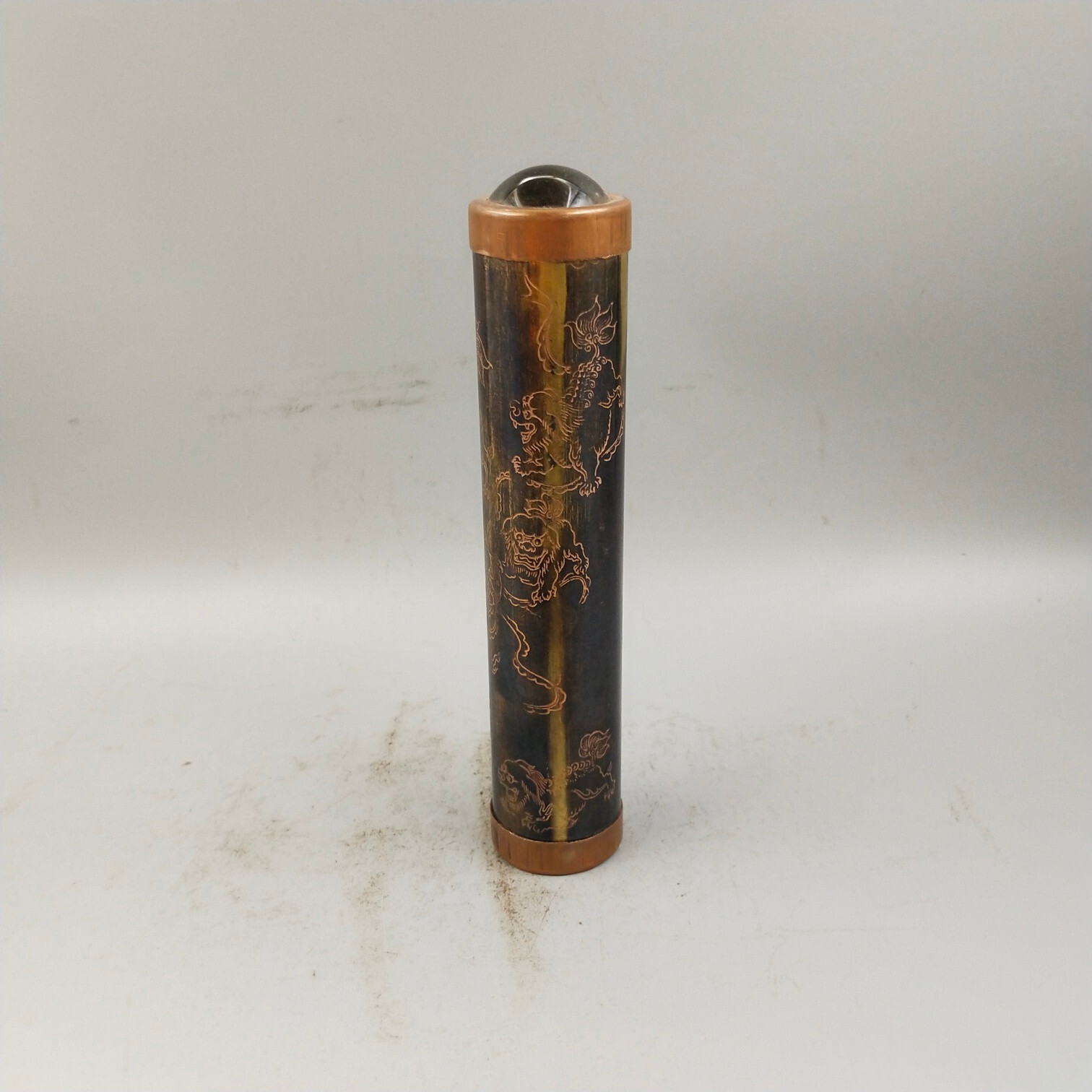 7.5″ old copper carved lion foo fu dog See Wonderful Scene optical kaleidoscope