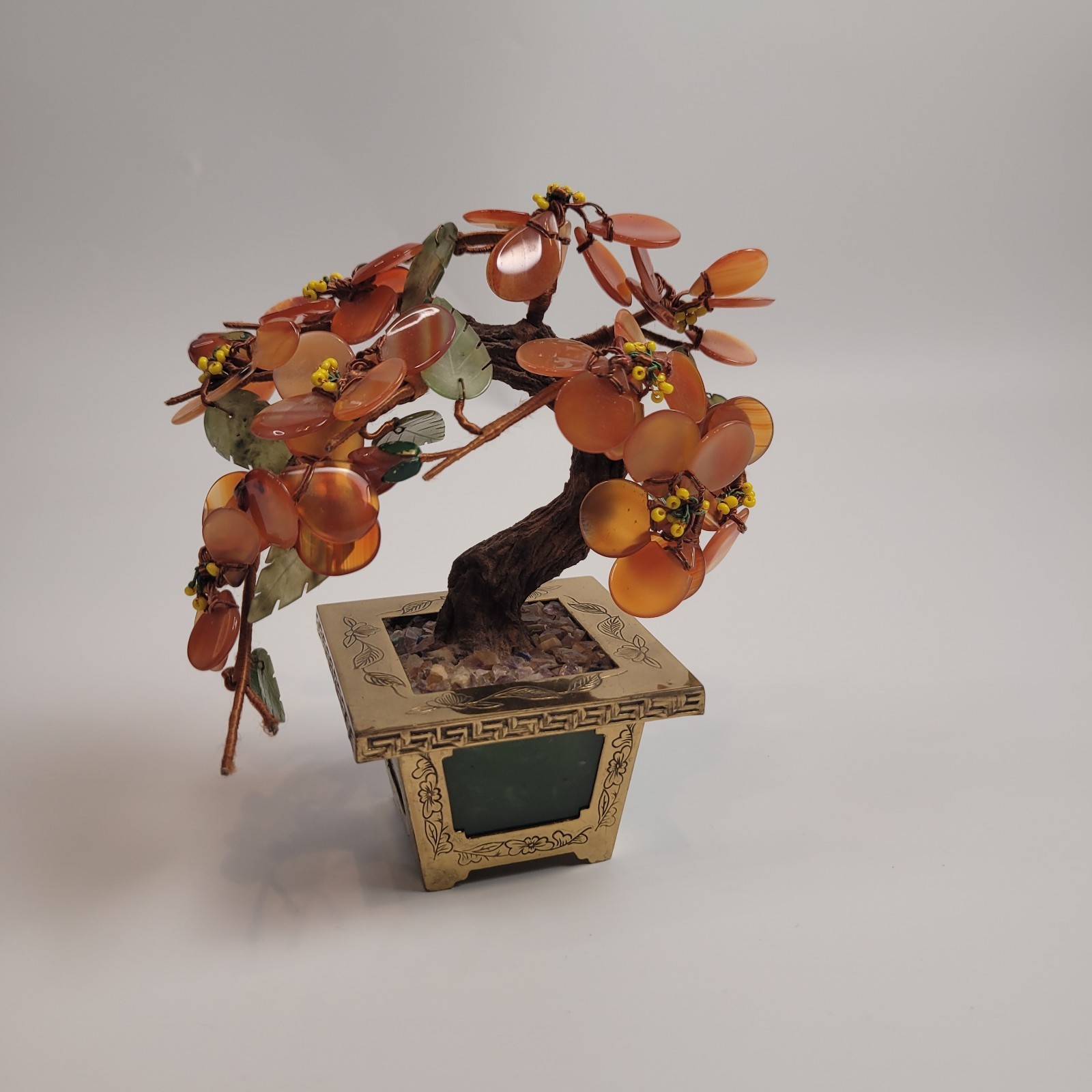 CHINESE HARDSTONE BONSAI TREE w/ CARNELIAN FLOWER/NEPHRITE INLAID JADE HONG KONG