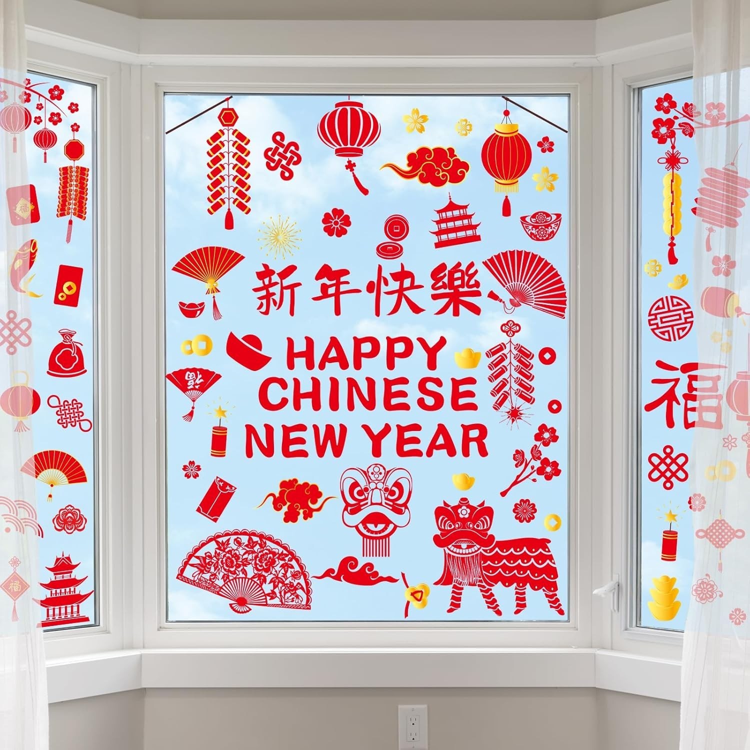 Chinese New Festive Window Clings – 8 Sheets of Dragon and Lantern Designs