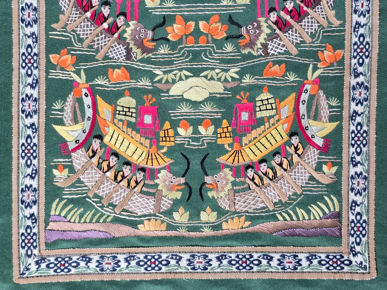 VTG Chinese Embroidered Silk Panel Dragon Boats Green 12.5 x 25.5 inch