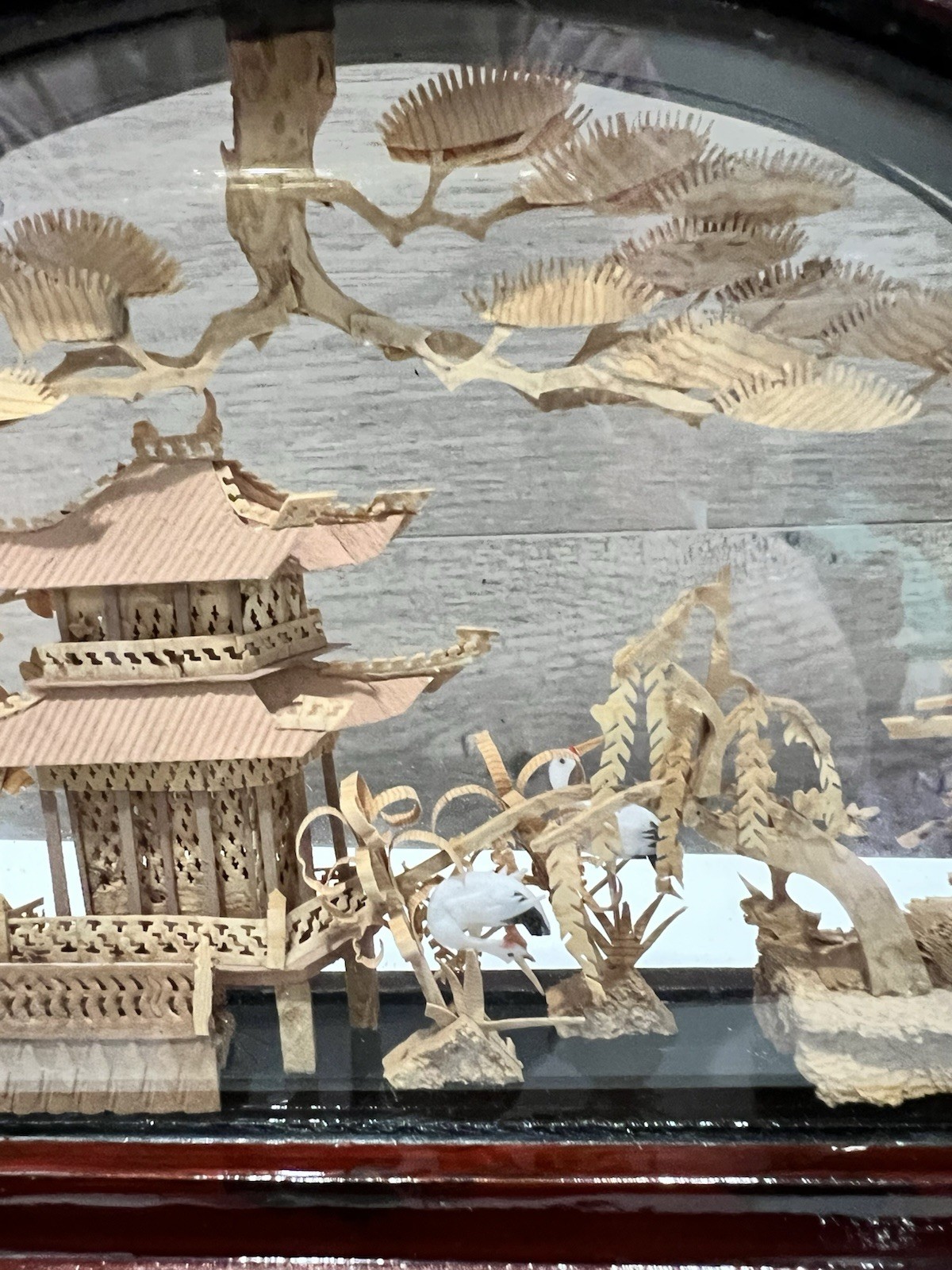 Vintage Chinese Hand Carved Cork Enclosed Diorama Sculpture Village 8” Long