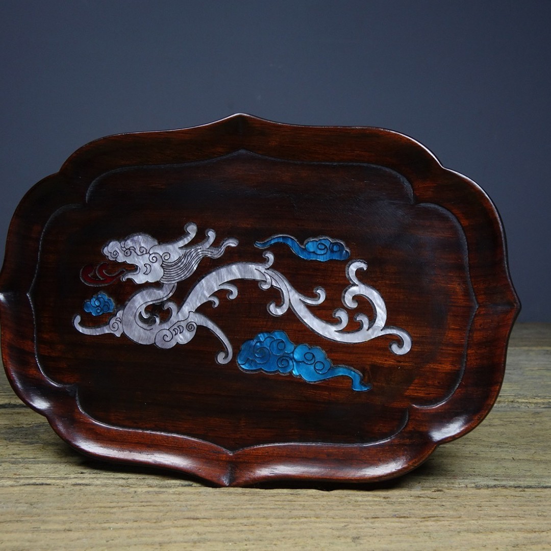 Vintage Sandalwood Inlaid Abalone Dragon Tea Tray Decor 18.5cm