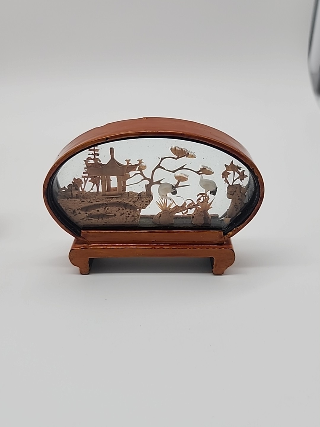 3 VTG Chinese Oriental Asian CORK Carving DIORAMA Art 3D Cranes Shadow Box Panda