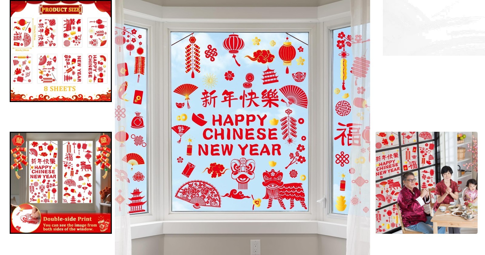 Chinese New Festive Window Clings – 8 Sheets of Dragon and Lantern Designs