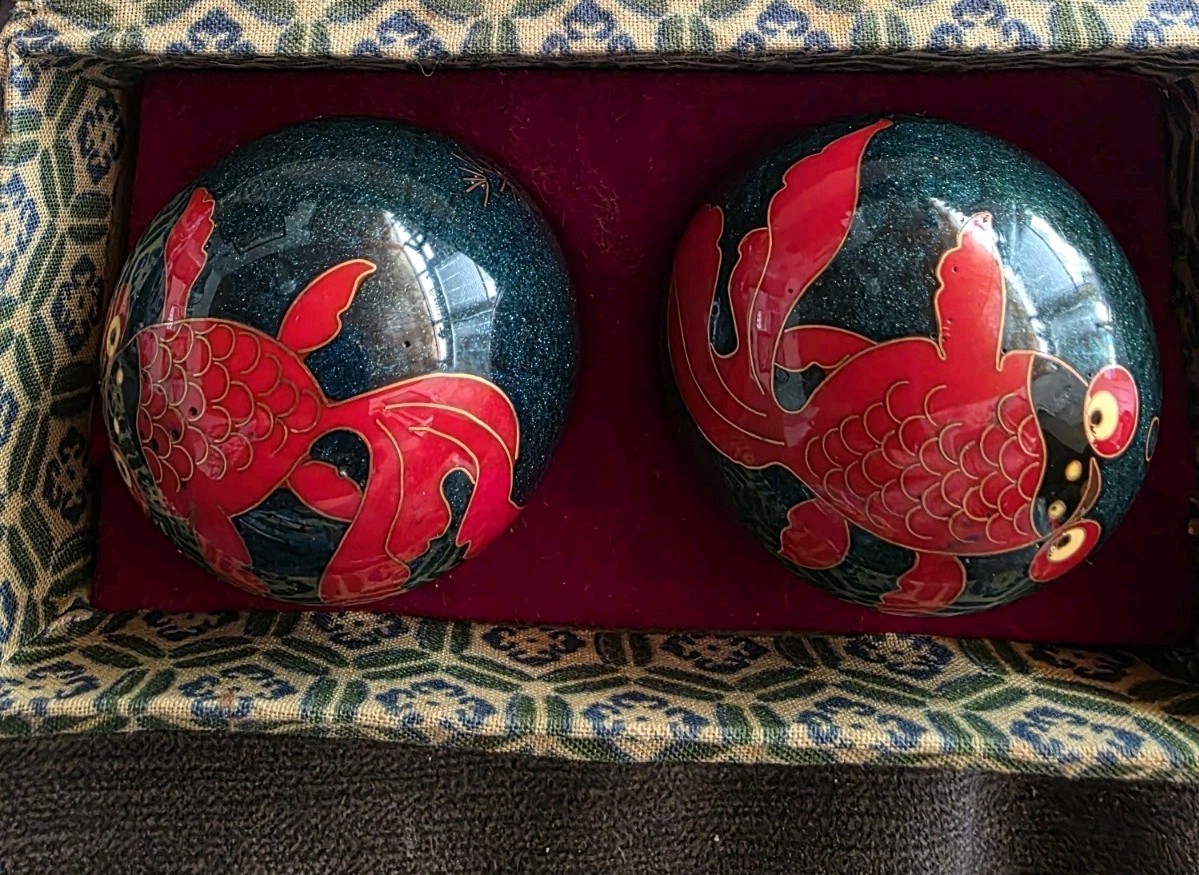 Vintage Chinese Baoding Health Medicine Musical Balls w/Box Koi Fish Shouxing