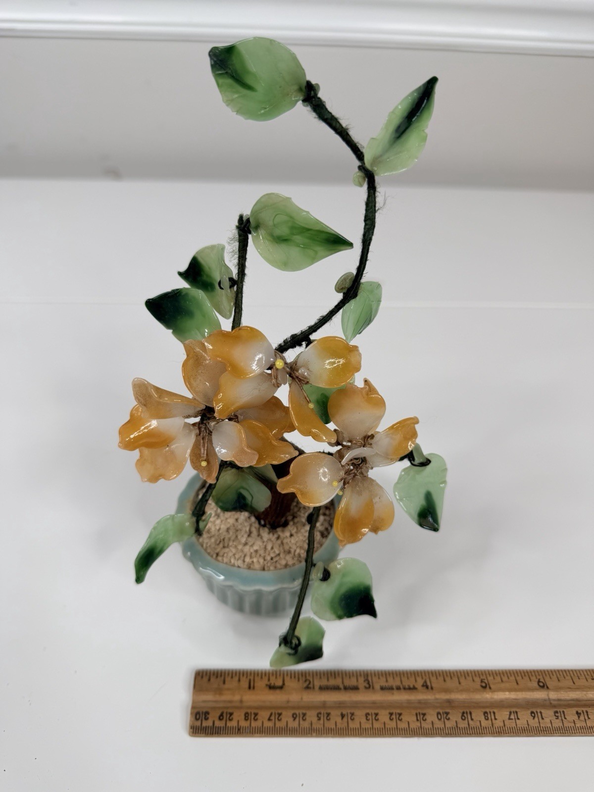 Vintage Asian Jade Glass peach green Cherry Blossom Bonsai Tree 9” Inch