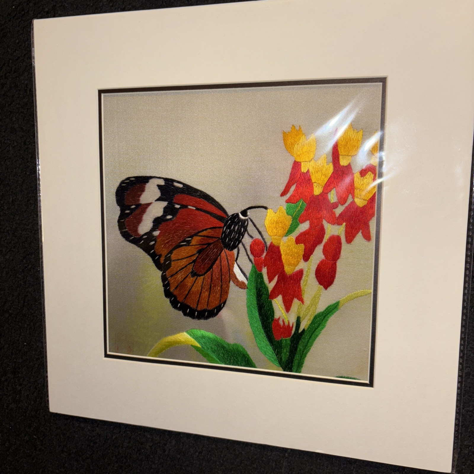 Suzhou Fine Silk Threads Embroidery Butterfly Art UnFramed Handmade Sz 13×13