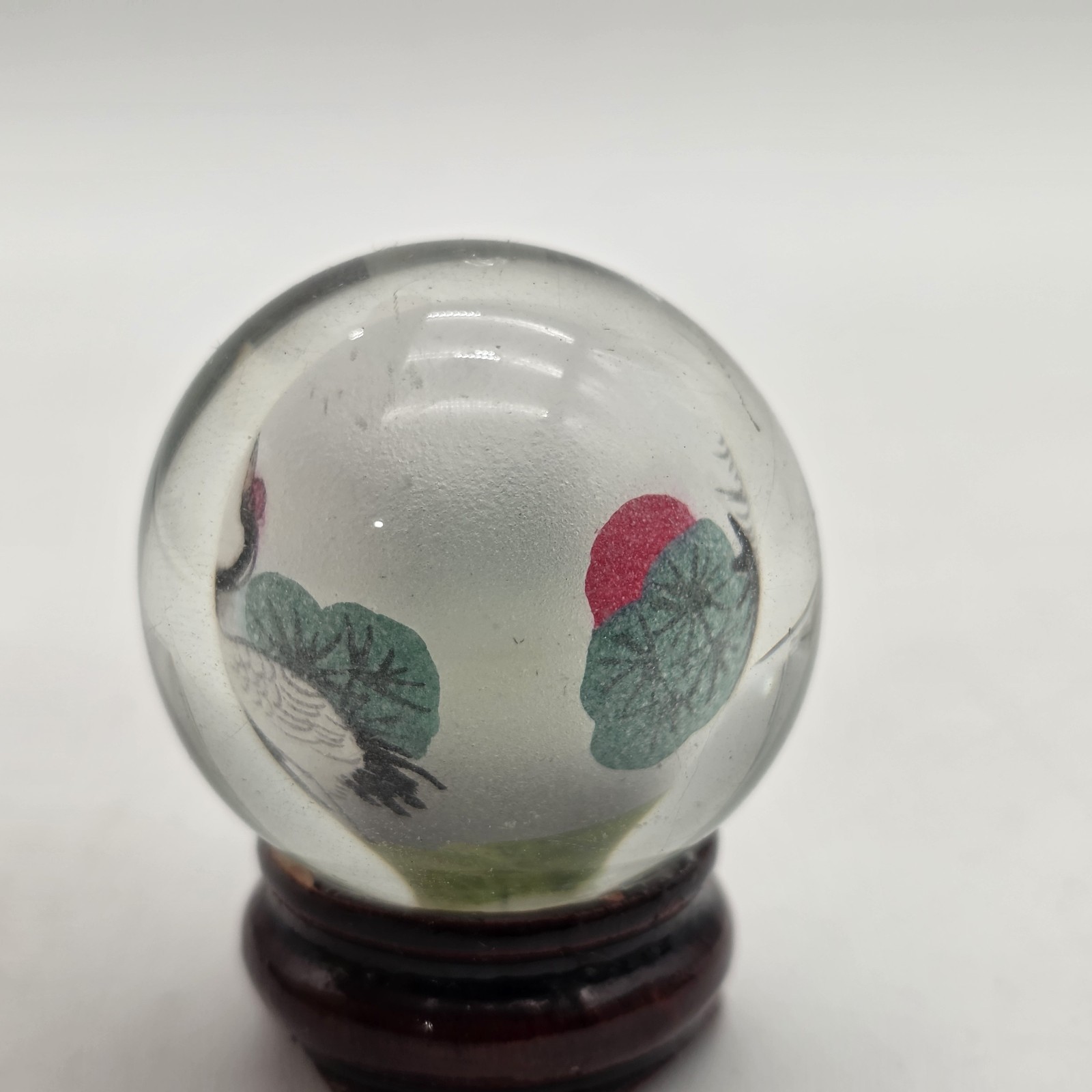 Vintage Reverse Hand Painted Cranes Revolving Sphere Ball Paperweight on Stand
