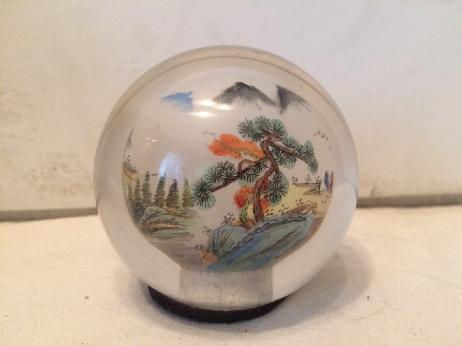 VTG Reverse Painted Glass Ball Sphere Paper Weight Oriental Asian Mountain Scene