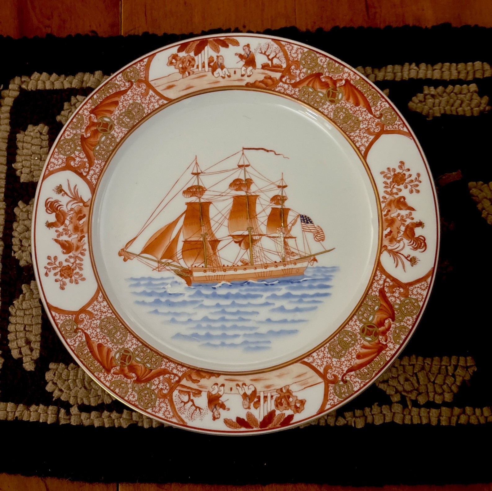 Vintage H.F.P. Macau Chinese Porcelain 10″ Hand-Painted Decorative Ship Plate
