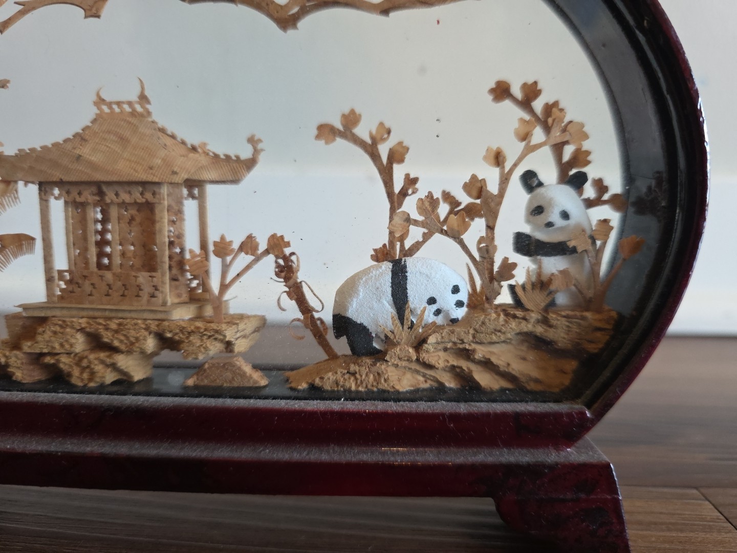 World Market Carved Corkwood Diorama Pandas Chinese Vintage