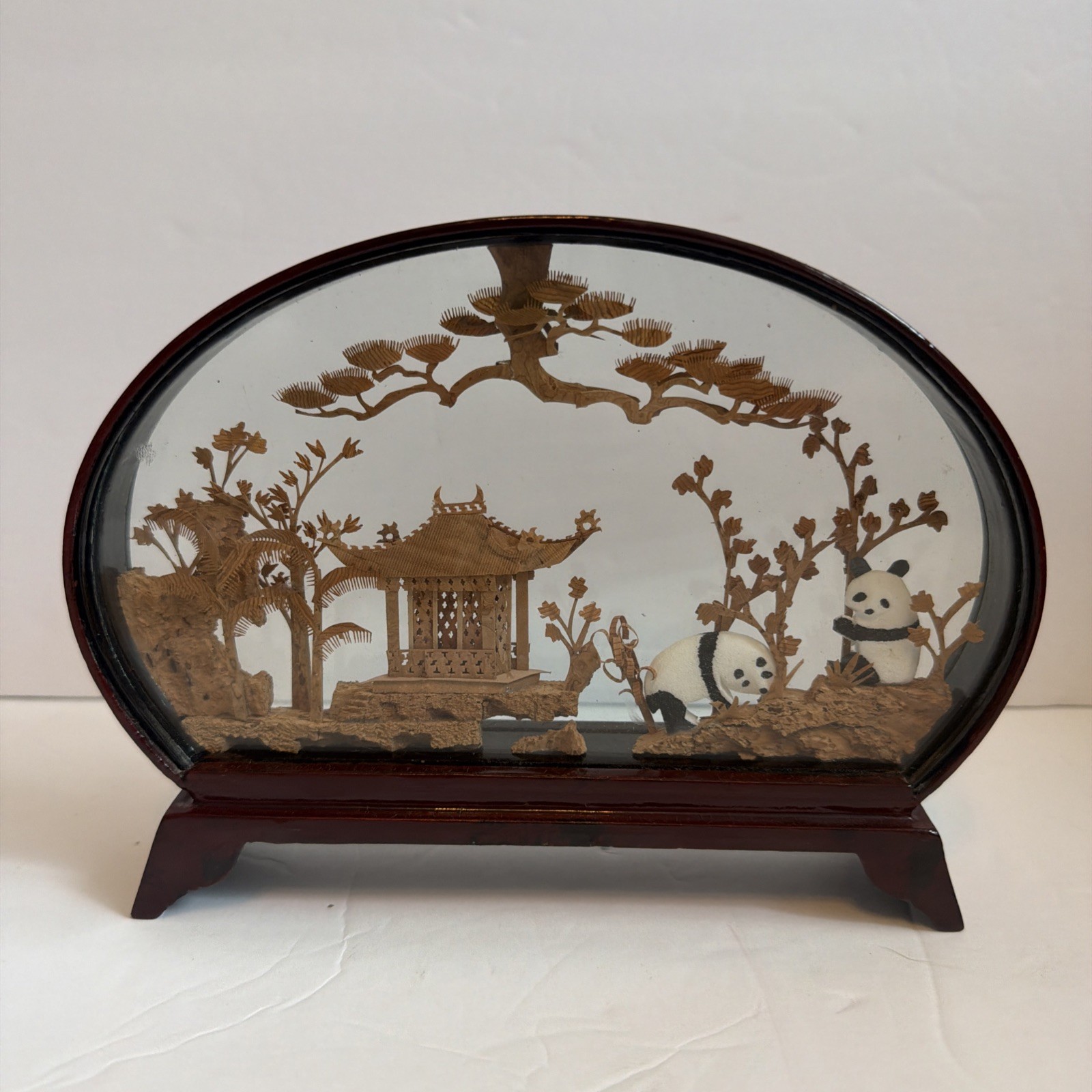 Vintage Chinese Cork Art Panda Diorama Glass Shadow Box Hand Carved Landscape