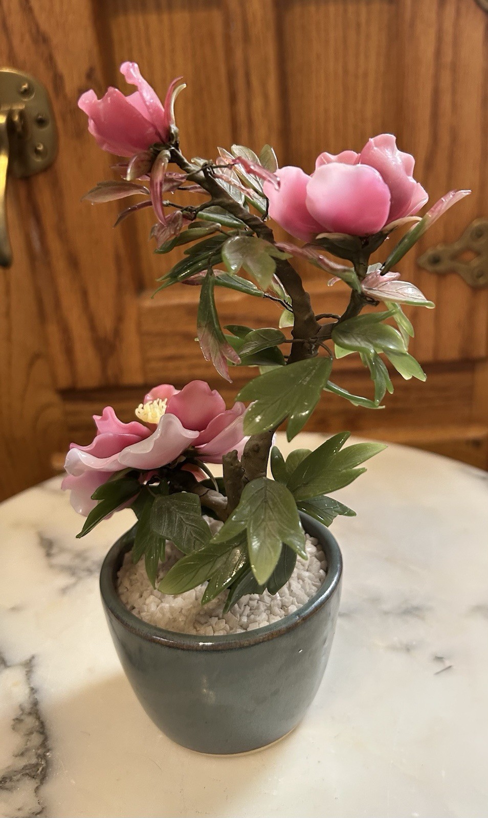 Vintage Chinese Jade Glass Leaves Pink Peony Flowers Bonsai Tree Green Celadon