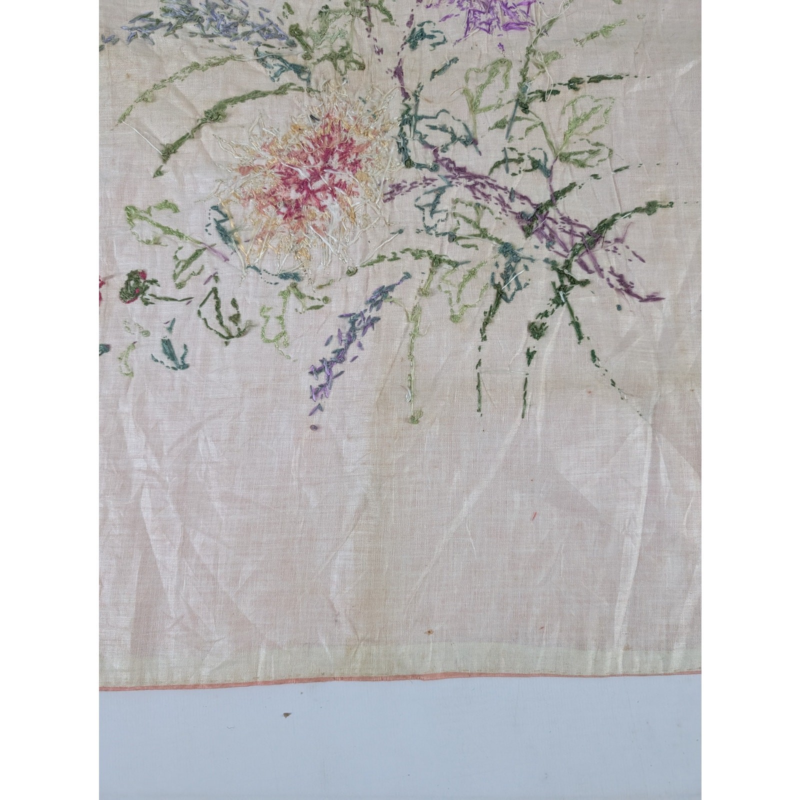 Vintage Chinese Hand Embroidered Floral & Butterfly Silk Textile 23x18in